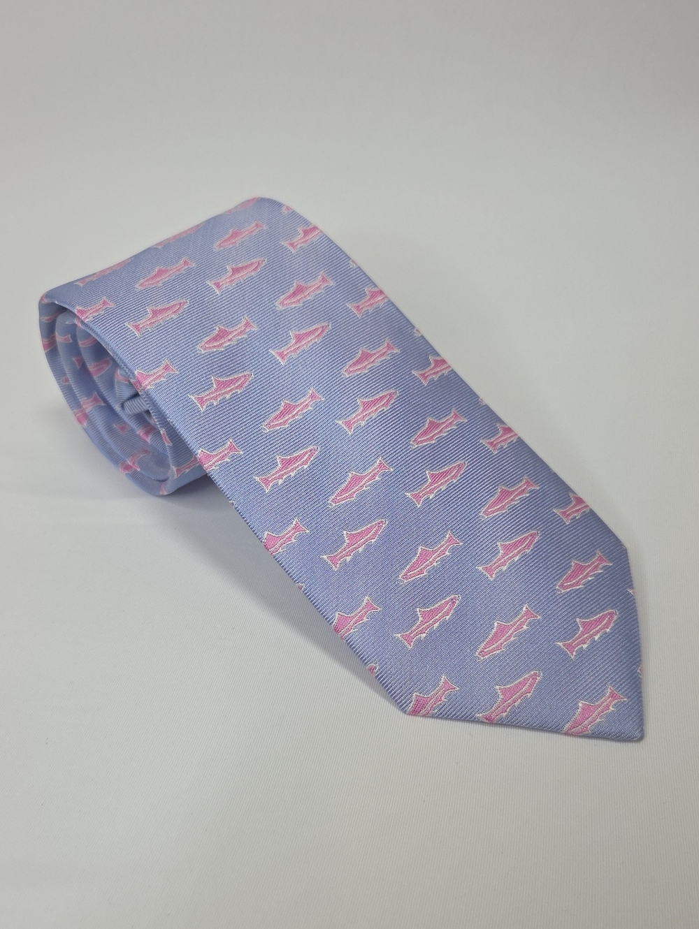 Collared Greens Kids Blue Silk Made In USA Tie W/ Pink Fish Print 2.75x49"